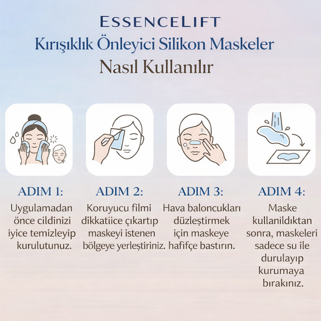 EssenceLift Premium Tekrar Kullanılabilir 16’lı Kırışıklık Karşıtı (Pürüzsüz & Işıltılı Cilt Görünümü) Silikon Maske Seti