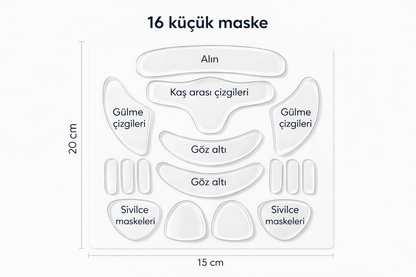 EssenceLift Premium Tekrar Kullanılabilir 16’lı Kırışıklık Karşıtı (Pürüzsüz & Işıltılı Cilt Görünümü) Silikon Maske Seti